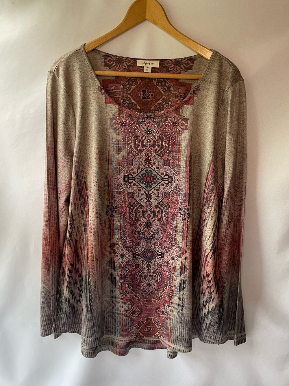 Style & Co. Women's Long Sleeve Printed Tunic Top - Browns & Reds